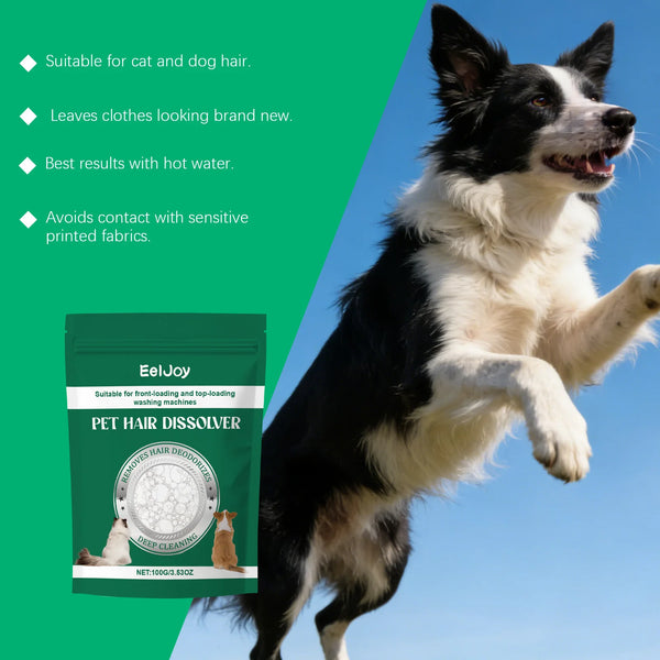 A black and white dog is shown next to a green package of EelJoy pet hair dissolver powder.
