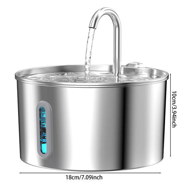 Stainless steel automatic cat water fountain with a visible water stream flowing from the spout