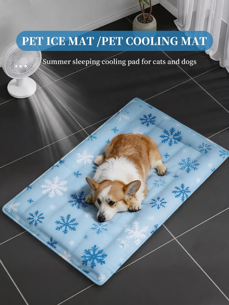 A brown and white dog is lying on a blue pet ice mat in a modern room.