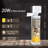 A white submersible aquarium filter with three filter buckets and five bio-beads shown next to a wooden surface.
