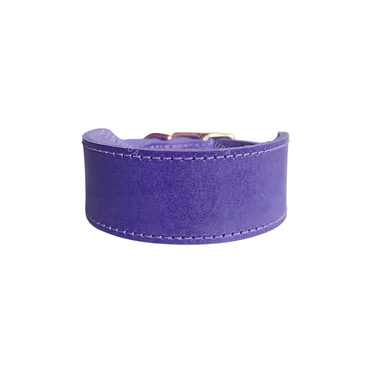 A purple genuine leather extra wide dog collar with a gold-toned buckle.