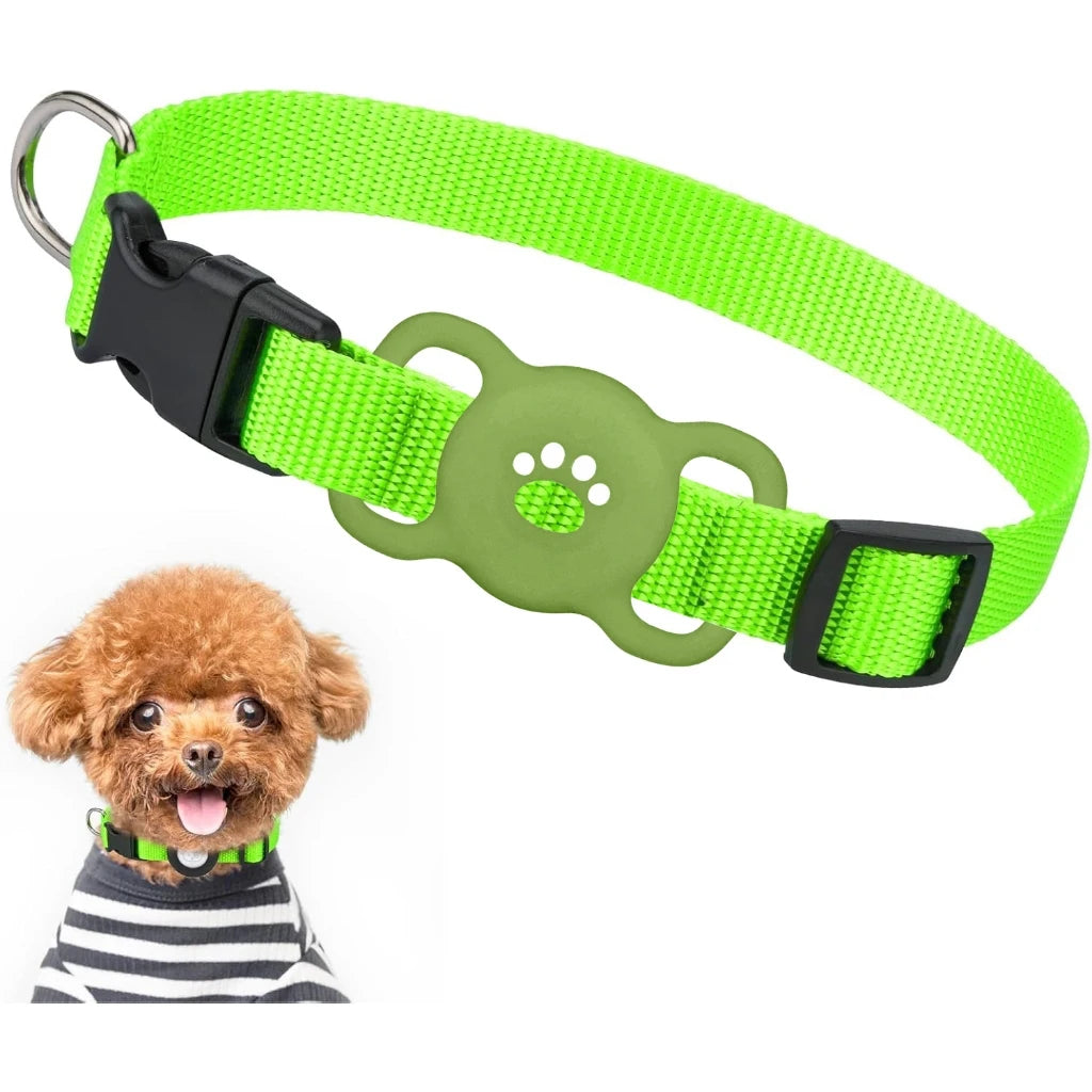 Helles limettengrünes Silikon-AirTag-Halter für Tierhalsbänder neben einem kleinen, flauschigen Hund.