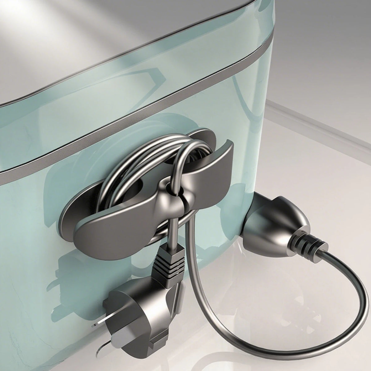 A heavy-duty silicone cable organizer with a silver clip and coiled wires is shown against a light blue background.