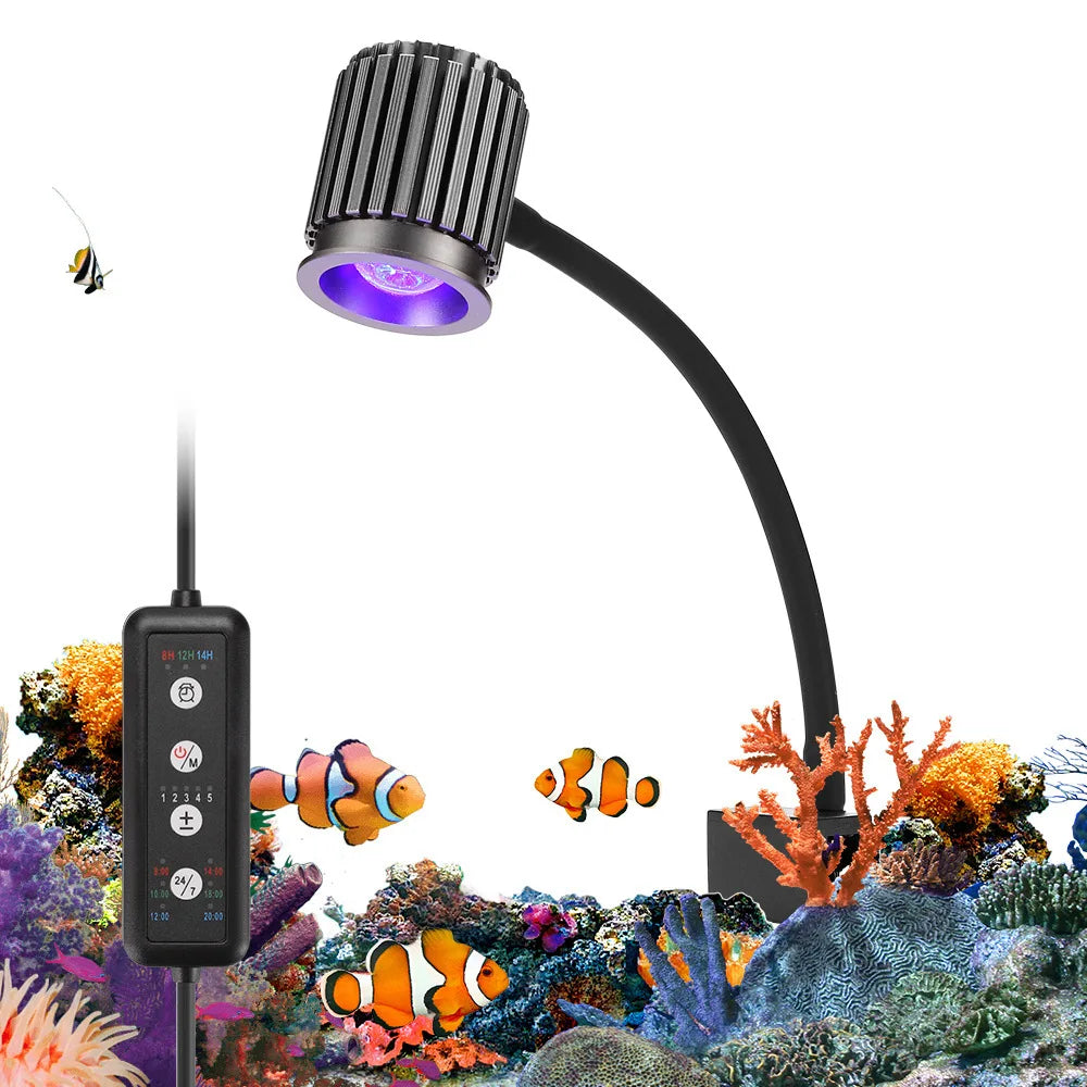 A black flexible LED lamp illuminates a colorful underwater aquarium setup with coral and marine life.