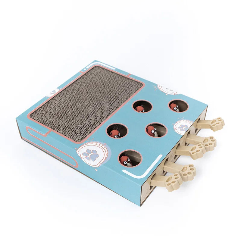 A light blue interactive whack-a-mole cat scratching board with holes and a textured surface.