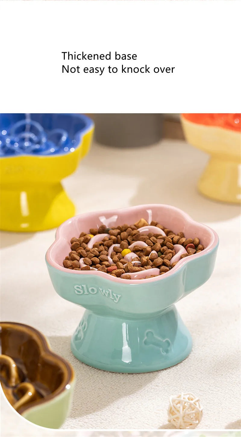 Elevated Ceramic Slow Feeder Bowl for Cats and Small Dogs