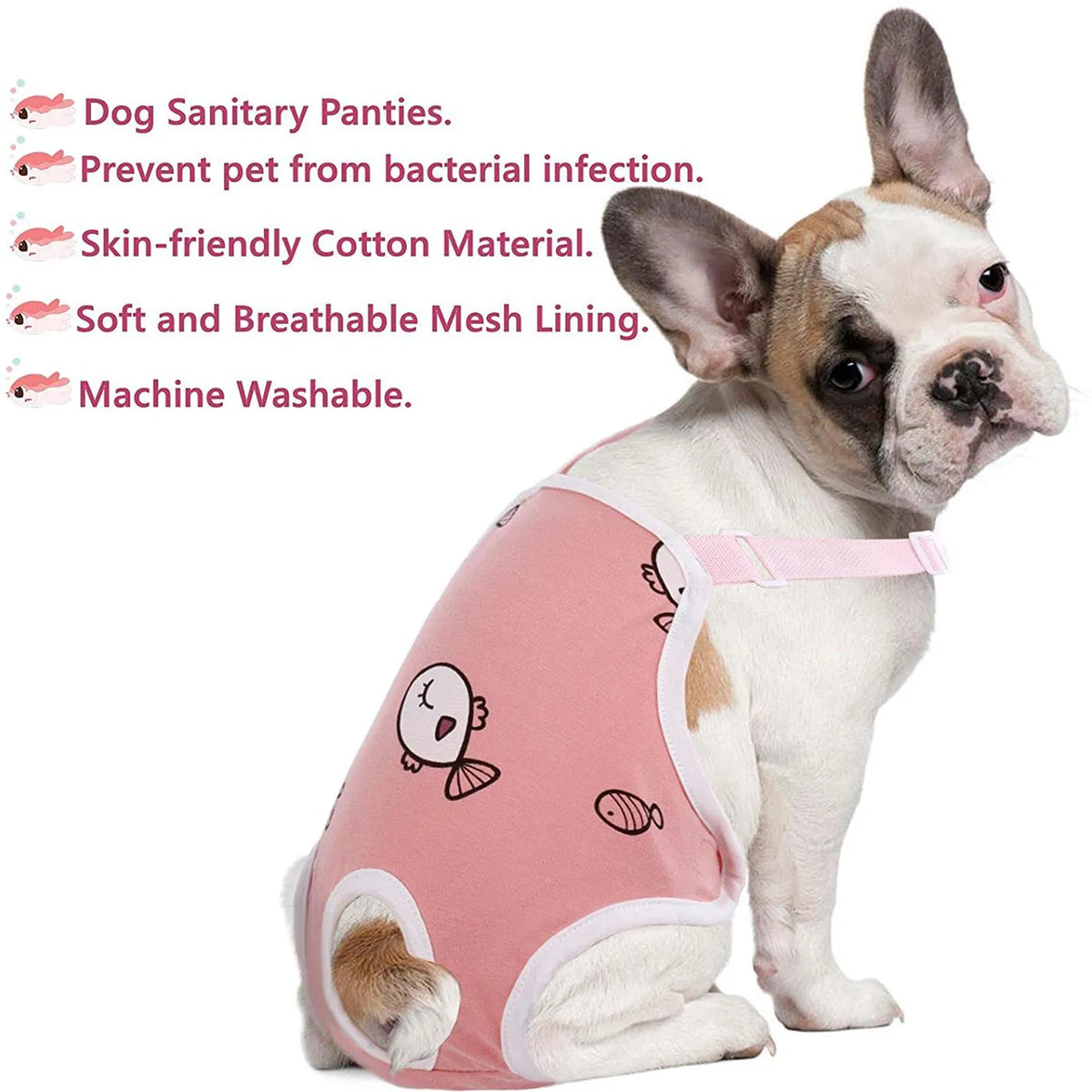 A light-colored dog wearing a pink and white adjustable diaper short with suspenders.
