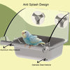 A clear anti splash design pet feeding bowl made of aluminum alloy and stainless steel materials with a small bird inside.