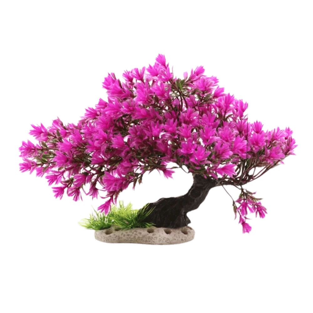 Lifelike artificial aquarium plant shaped like a vibrant pink pine tree with green moss base