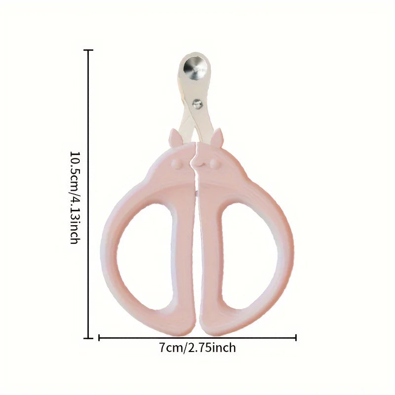 Pink pet cat nail clippers with a safety guard shown in a vertical dimension.