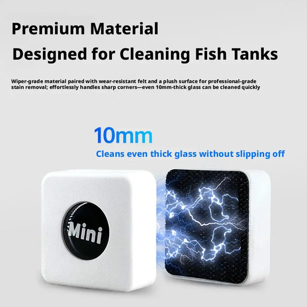 A white magnetic glass cleaner tool with a black surface is shown next to a small black logo.