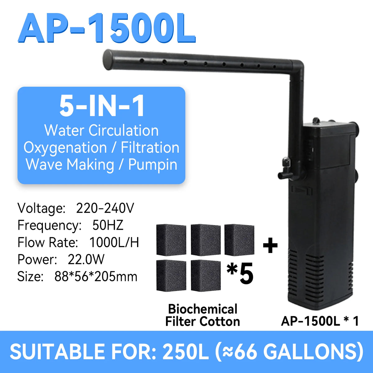 Filtre submersible et pompe à eau pour aquarium AP-1500L avec cinq blocs de coton filtre