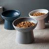 Three elevated ceramic food bowls in shades of blue, gray, and white, filled with dry pet food.