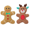 A set of three holiday plush toys for dogs featuring designs of Santa, an elk, and a gingerbread man.