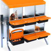 An orange and silver 6-compartment galvanized chicken nesting box with roll-out egg trays.
