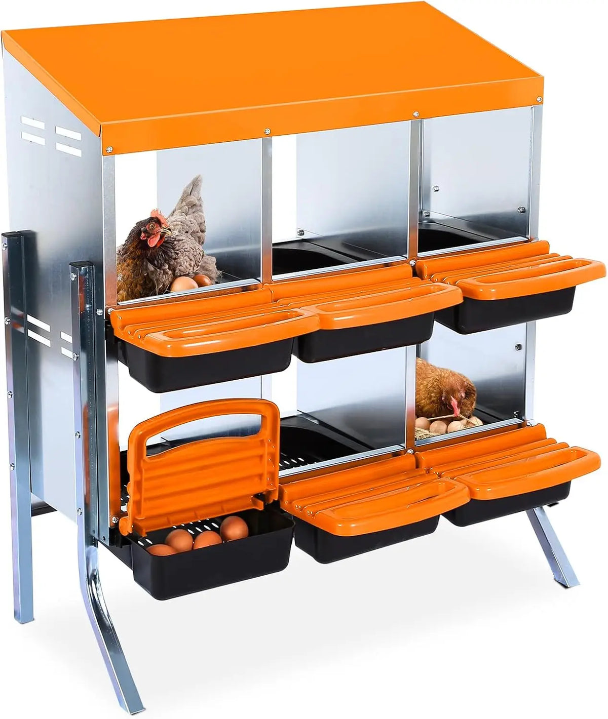 An orange and silver 6-compartment galvanized chicken nesting box with roll-out egg trays.