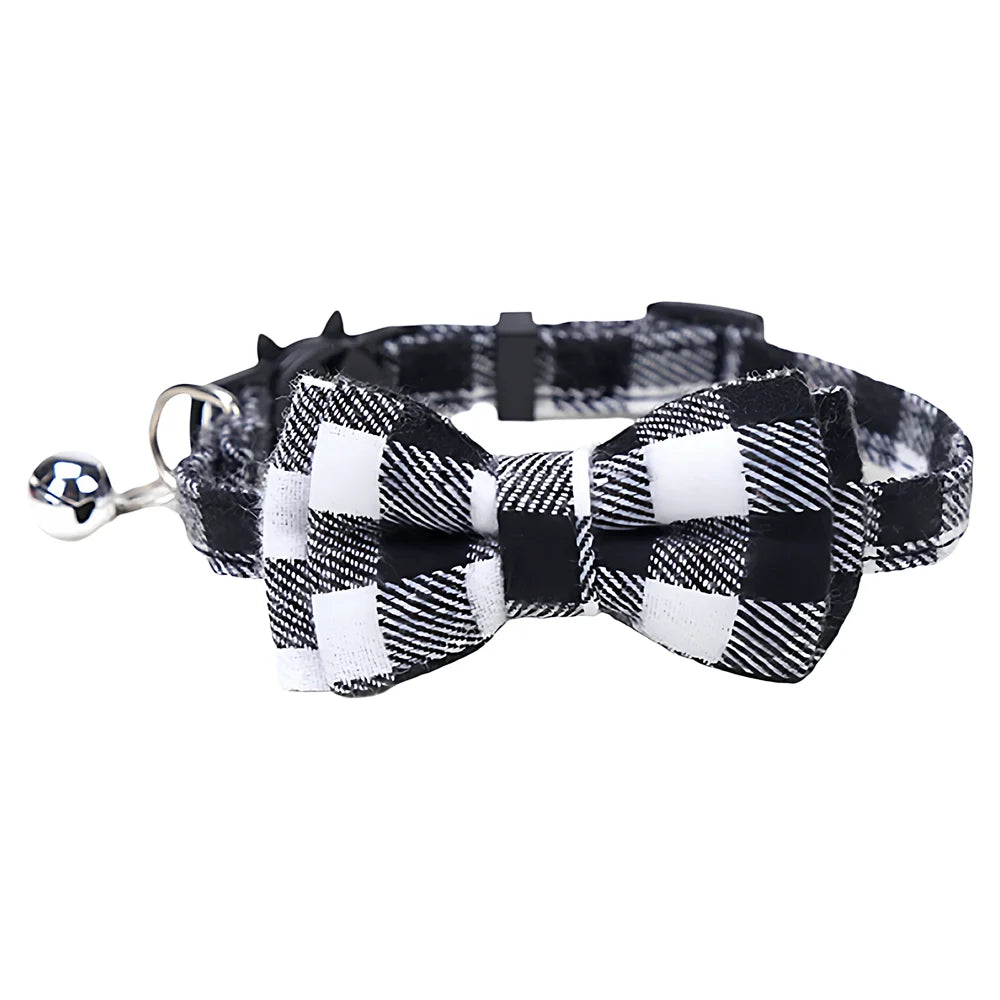 Black and white plaid bow tie collar for cats and small dogs