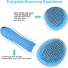 A blue pet grooming brush with a comfort-grip handle and round bristles for massaging pets' skin.