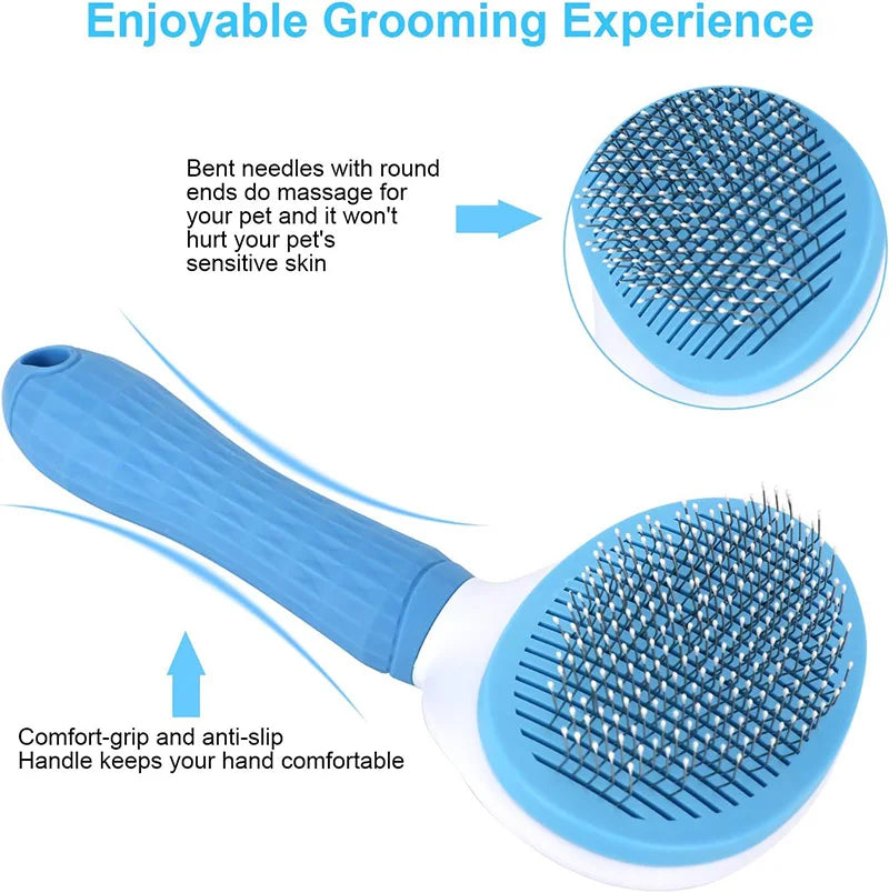 A blue pet grooming brush with a comfort-grip handle and round bristles for massaging pets' skin.