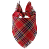 A red and black buffalo plaid bandana with fringed edges.
