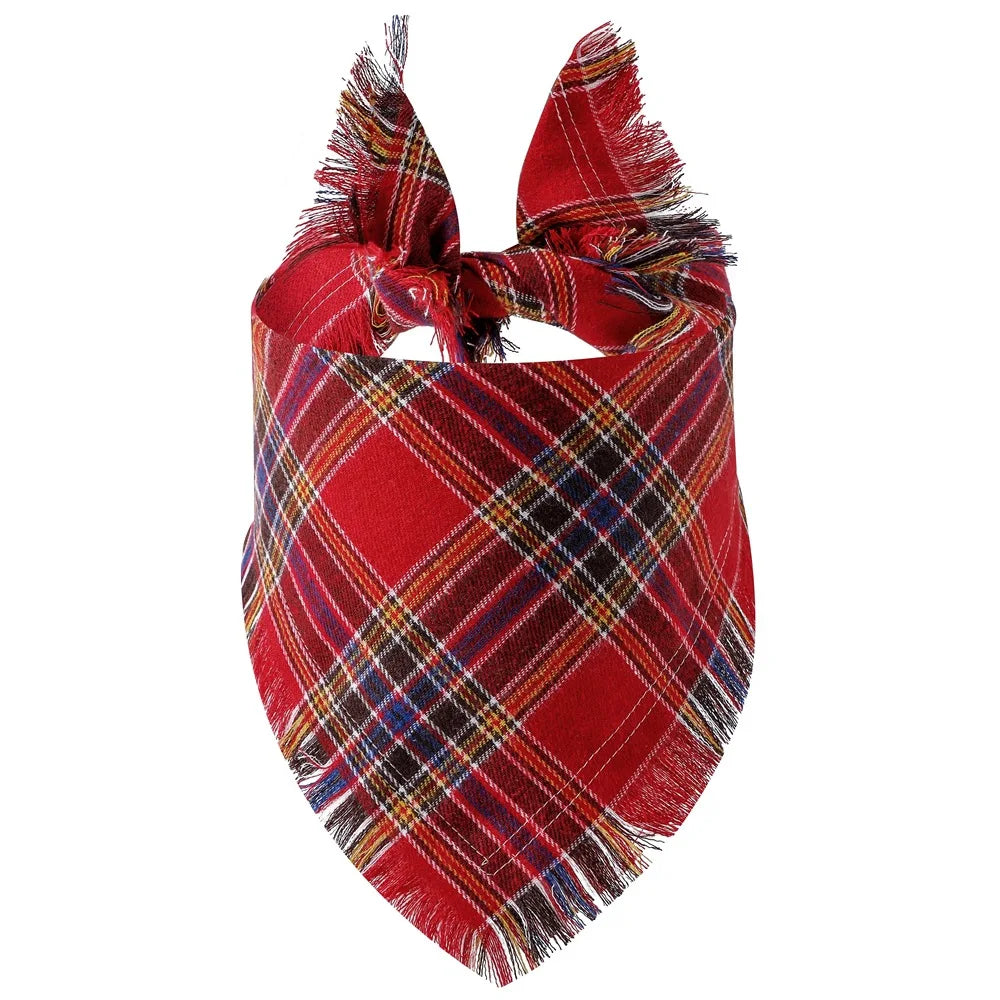 A red and black buffalo plaid bandana with fringed edges.