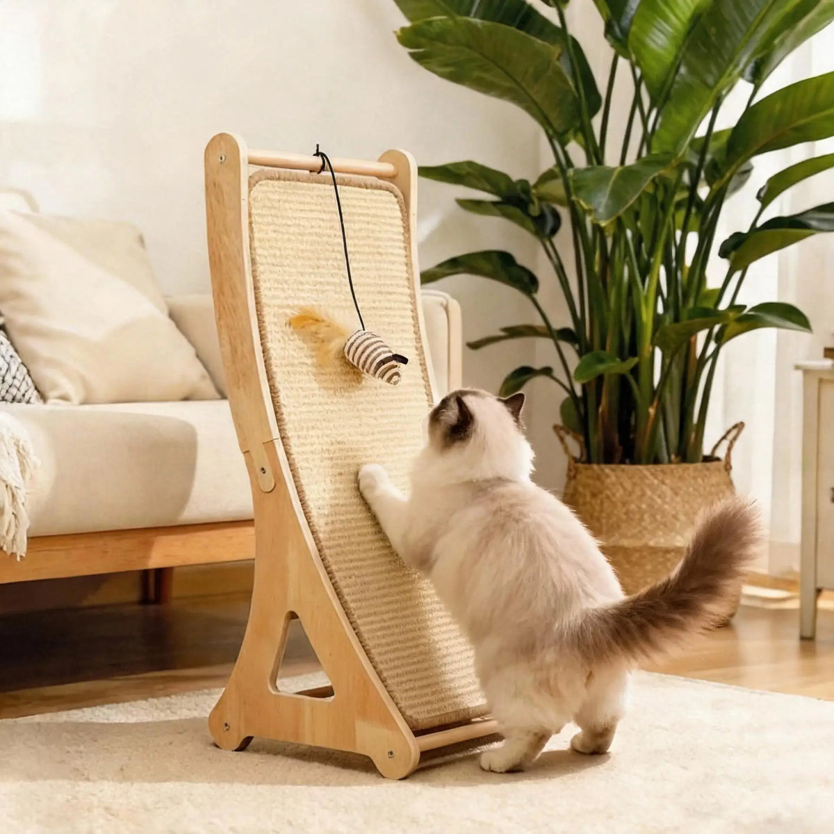 Un gato gris esponjoso usa un rascador vertical de sisal natural para jugar en interiores sobre una alfombra clara.