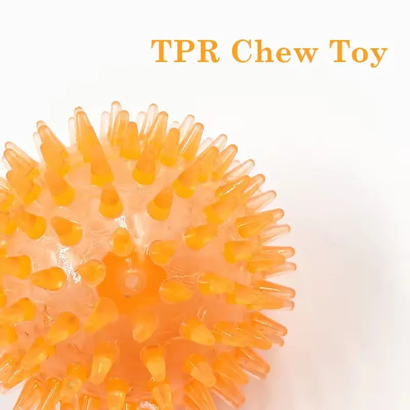 An orange spiky chew toy ball for interactive play and dental health.