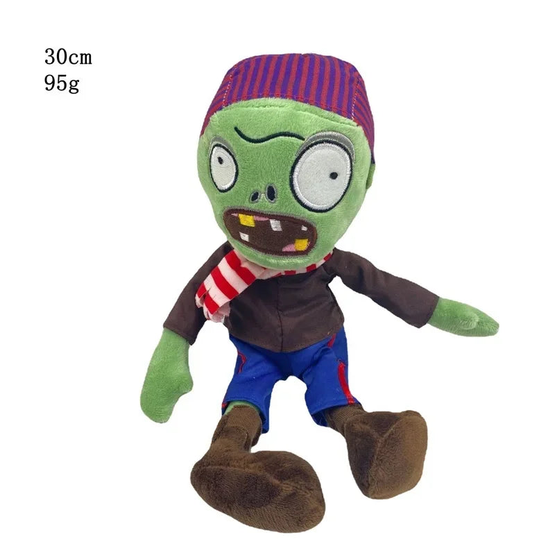 A plush toy of the Plants vs. Zombies Gargantuar with green skin, purple hair, and a red and white striped scarf.