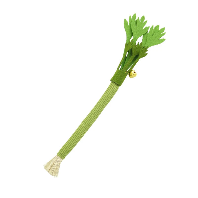 A green catnip chew stick with a squeaker and a tassel.