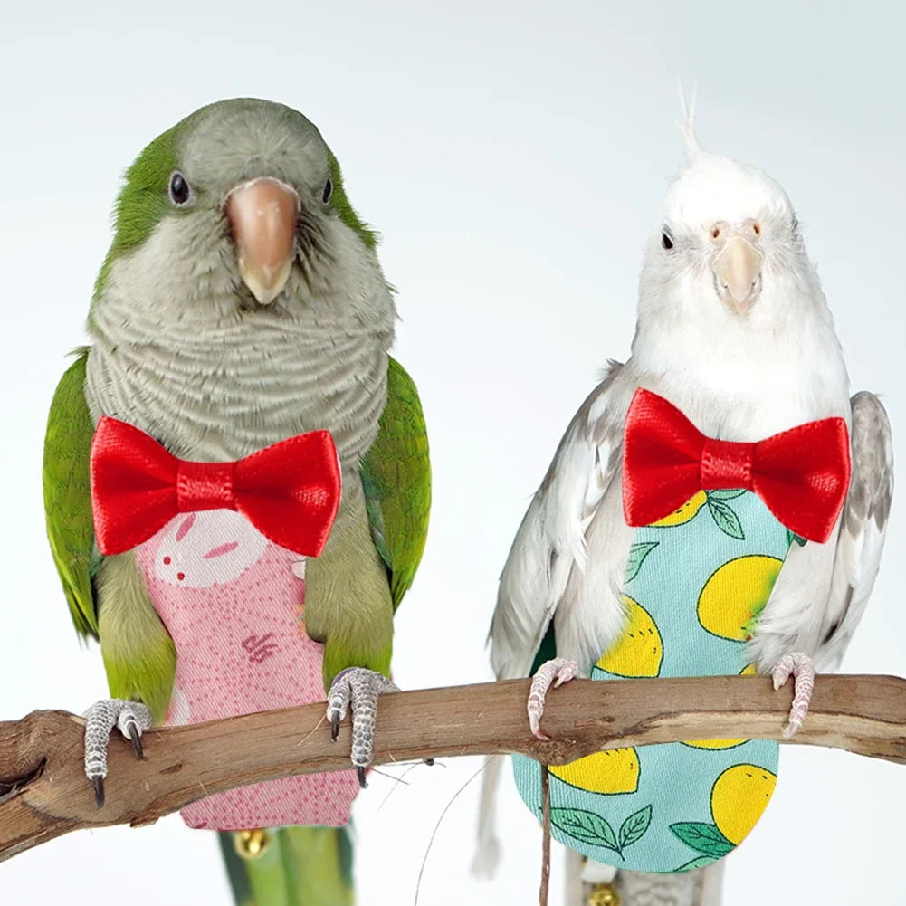 A pair of pet parrots, one green and one white, wearing flight suits with red bowties.