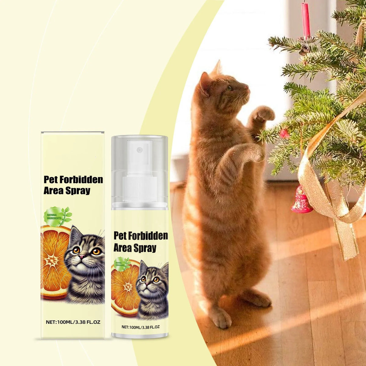 Un gato marrón junto a una botella de spray etiquetada como Pet Forbidden Area Spray con ilustraciones de gatos y fruta cítri