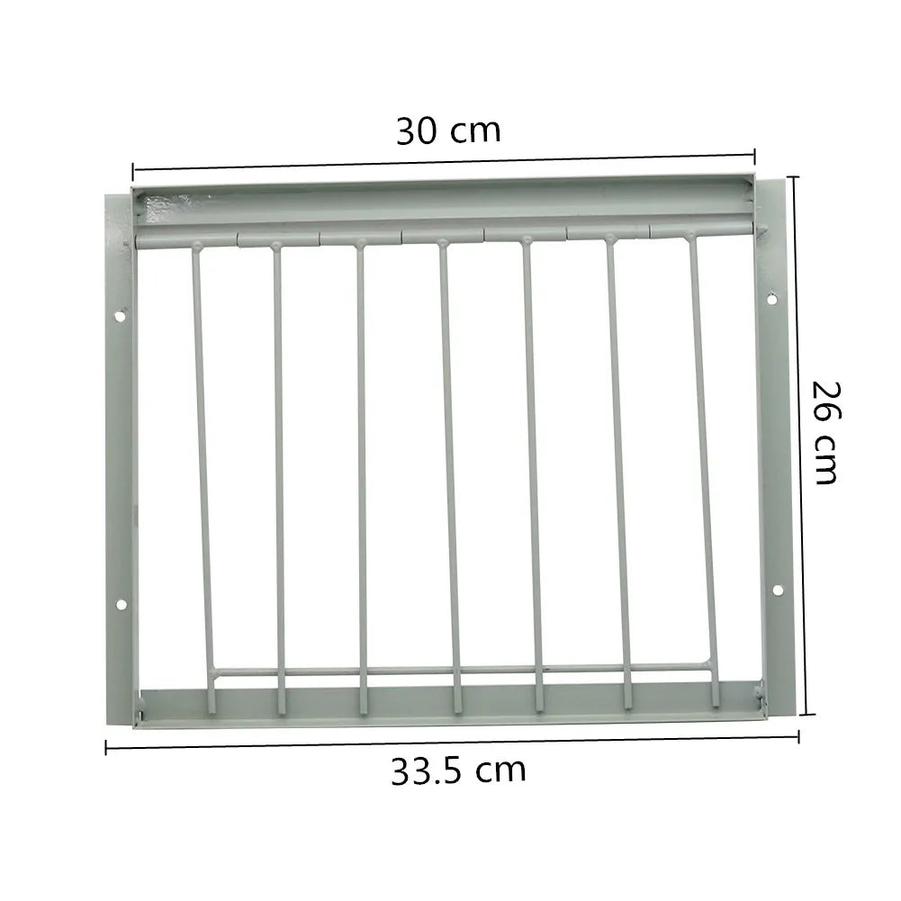 A rectangular stainless steel pigeon loft trap door with vertical bars, measuring 30 cm by 26 cm.