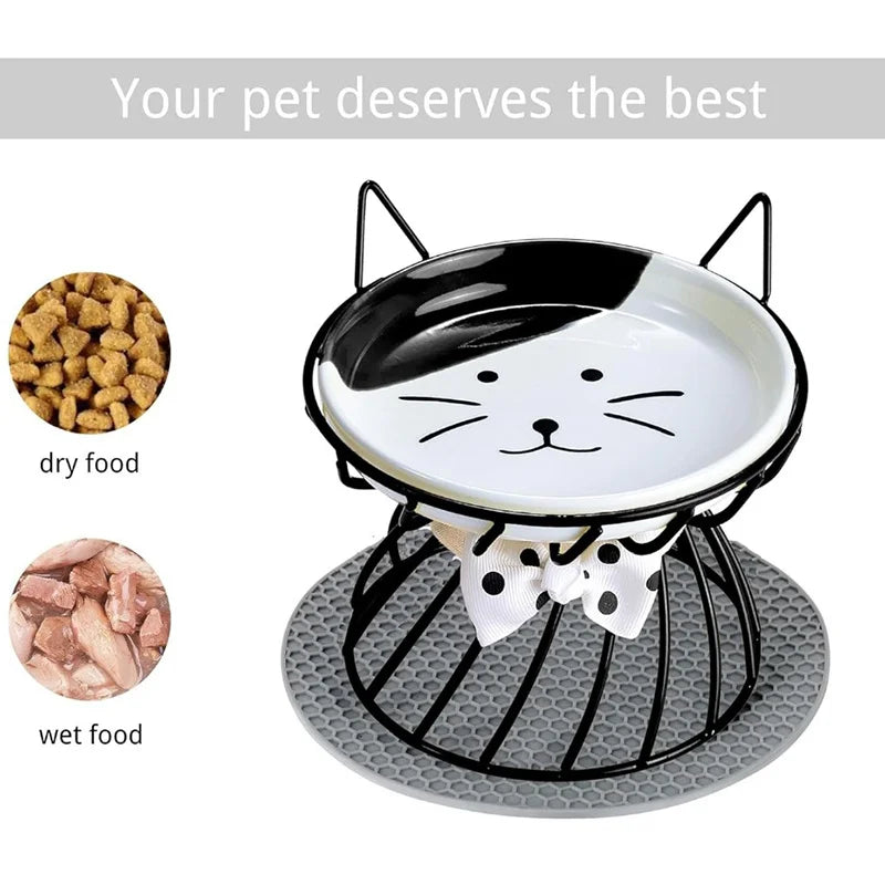 Elevated ceramic cat food dish with a non-slip stand for dry or wet food