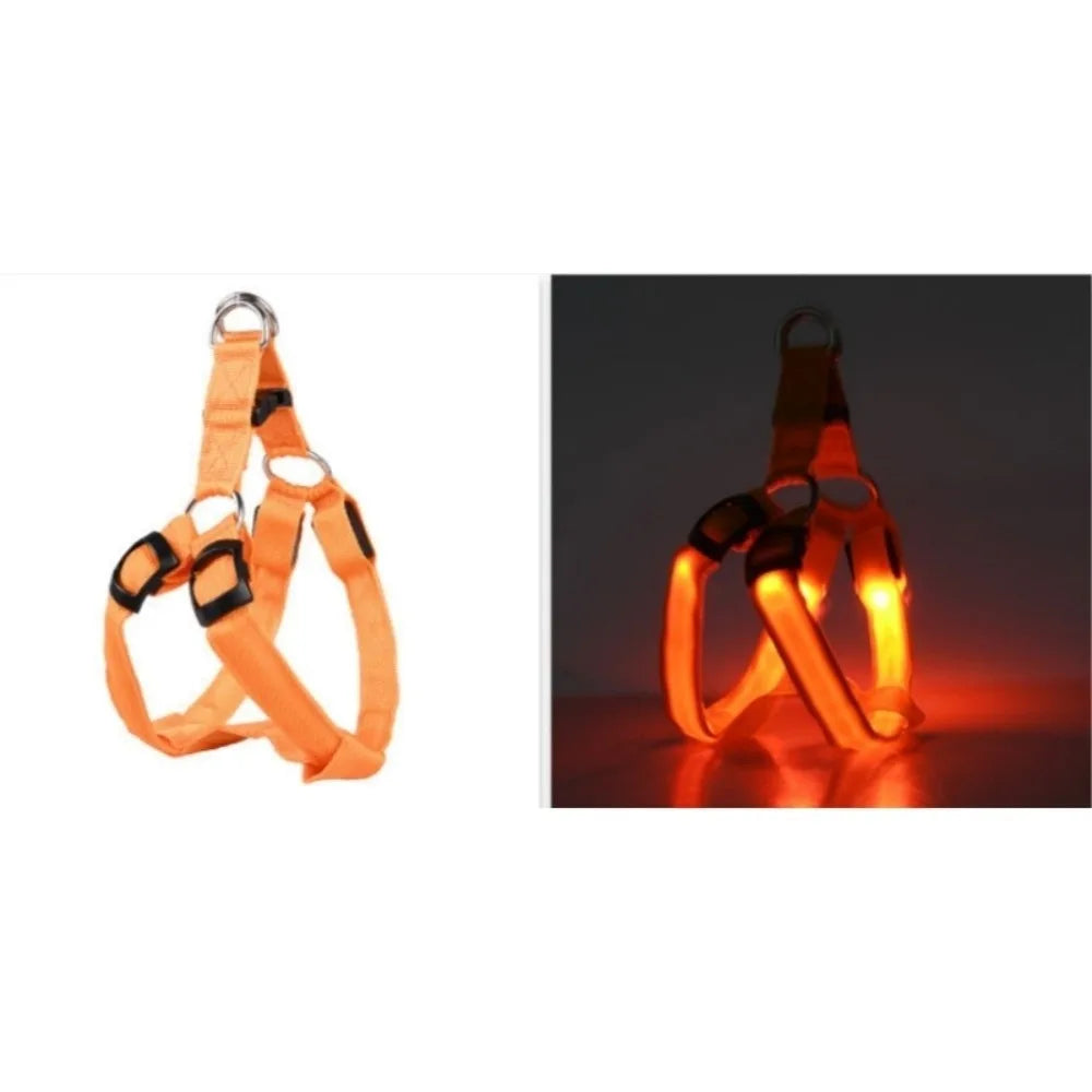Orange rechargeable LED dog harness with breathable mesh for pets