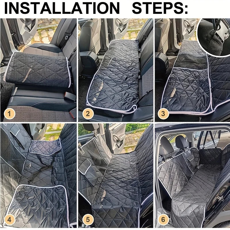 Six steps showing the installation of a black quilted waterproof dog car backseat cover in a vehicle.