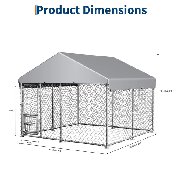 Product dimensions diagram showing the size of a heavy duty outdoor dog kennel with a waterproof cover.