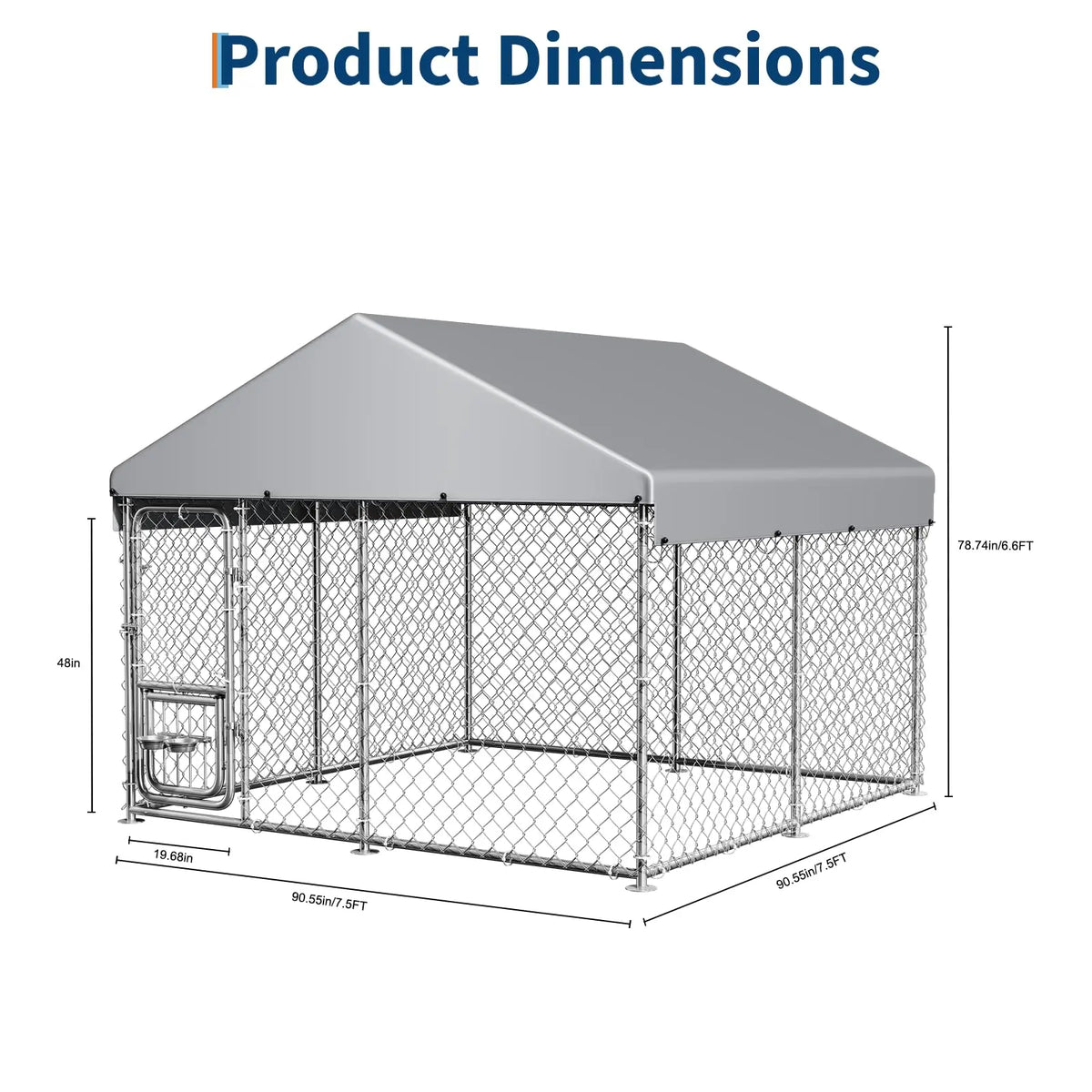 Product dimensions diagram showing the size of a heavy duty outdoor dog kennel with a waterproof cover.