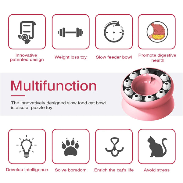 Pink multi-function slow food bowl for cats that is also a puzzle toy