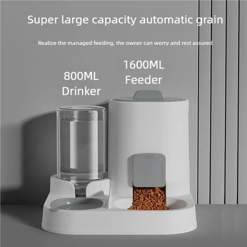 A white automatic grain feeder with a 1600ML capacity and an 800ML drinker, designed for managed feeding.
