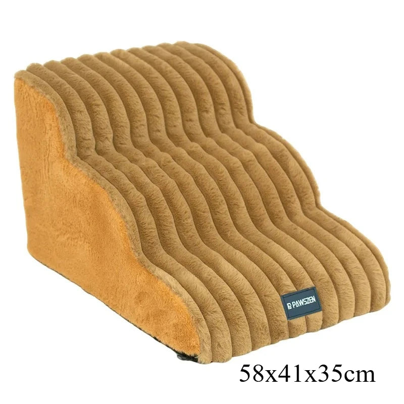 A sturdy, suede-colored pet safety ladder for dogs and cats with ribbed steps.