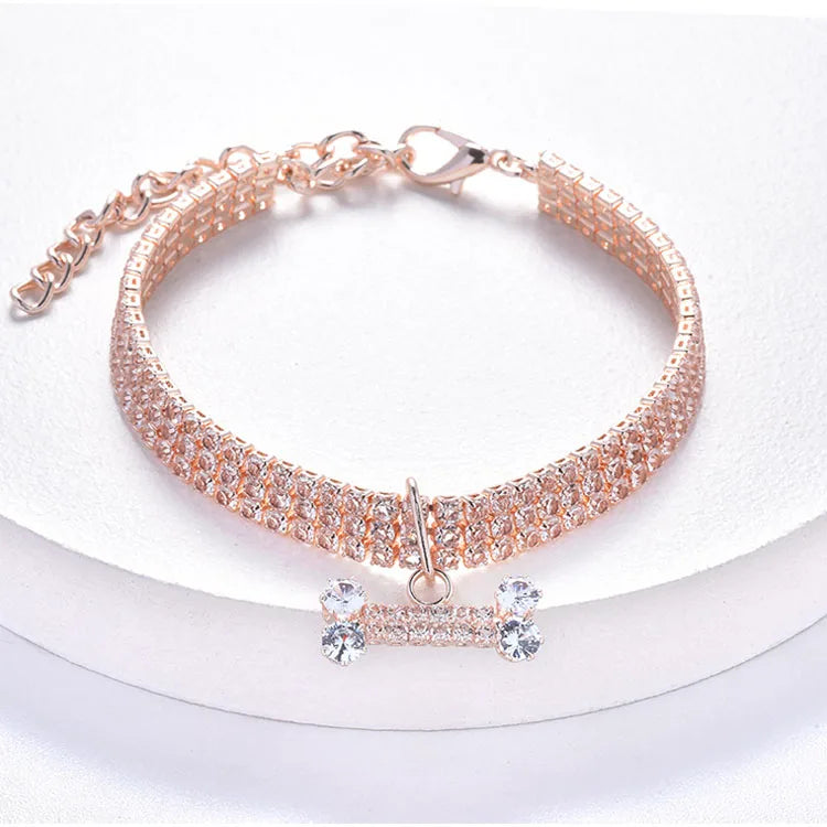 Crystal Rhinestone Dog Collar with Bone Pendant