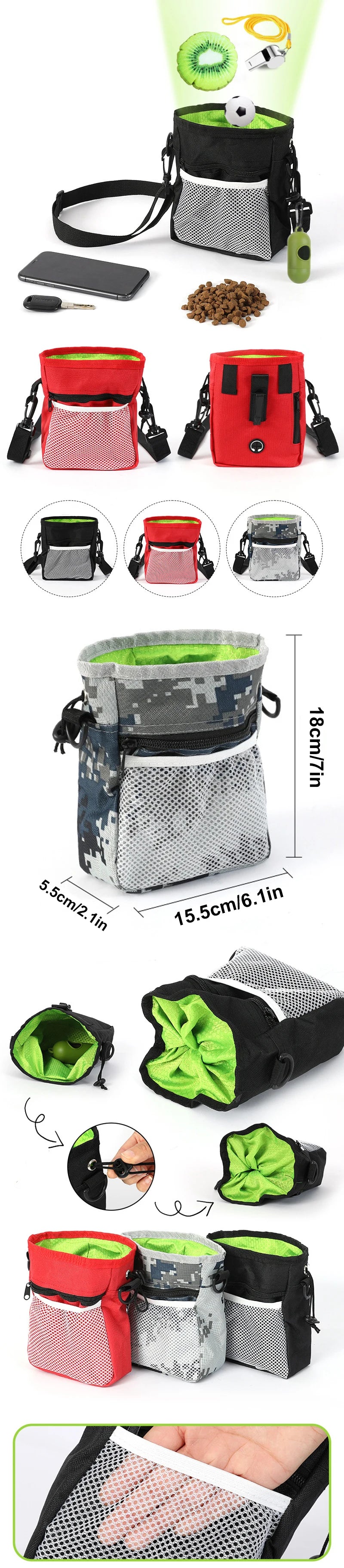 Various sizes and colors of durable pet training treat bags shown in different orientations and close-ups.