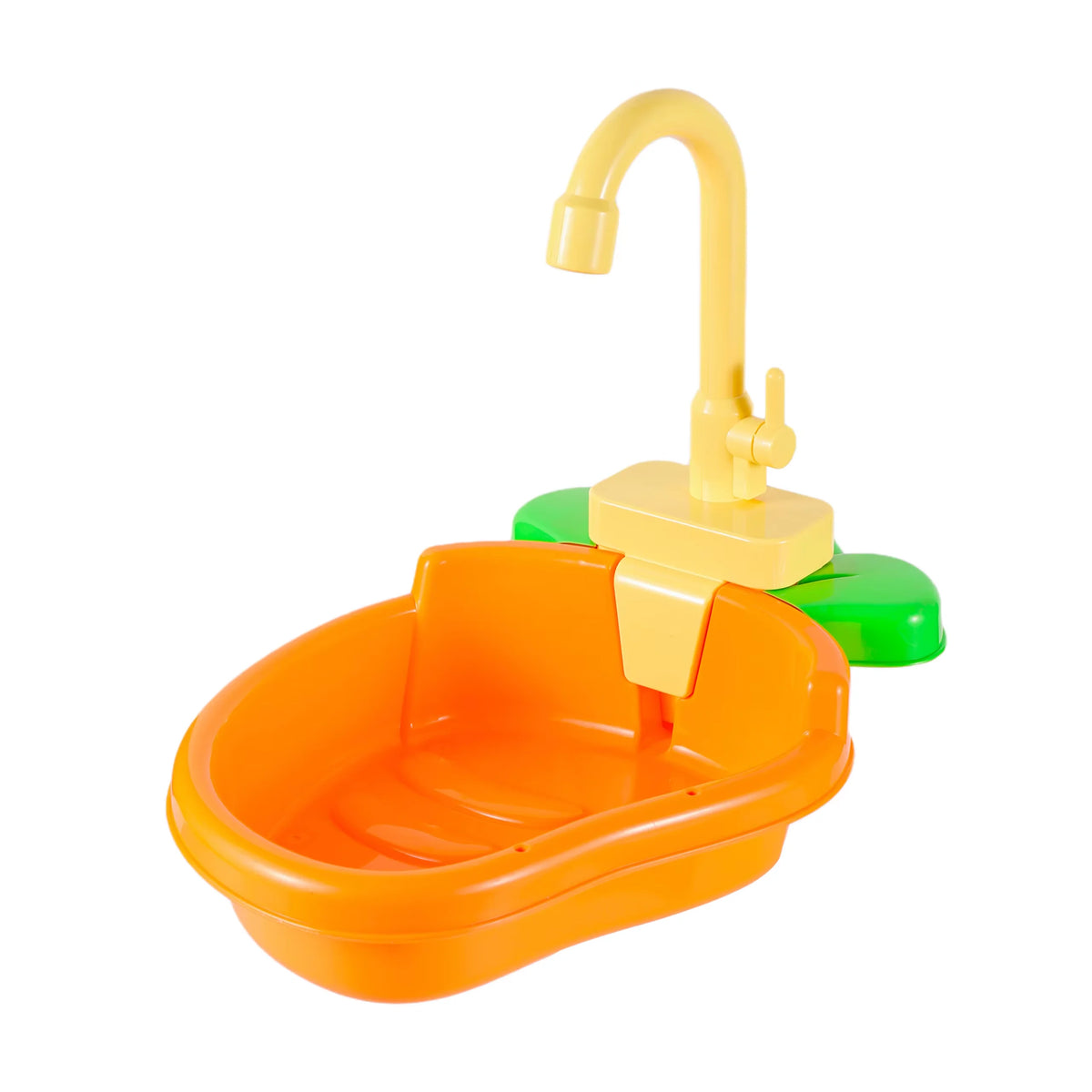 A yellow automatic parrot shower and bird bath basin with a green base.