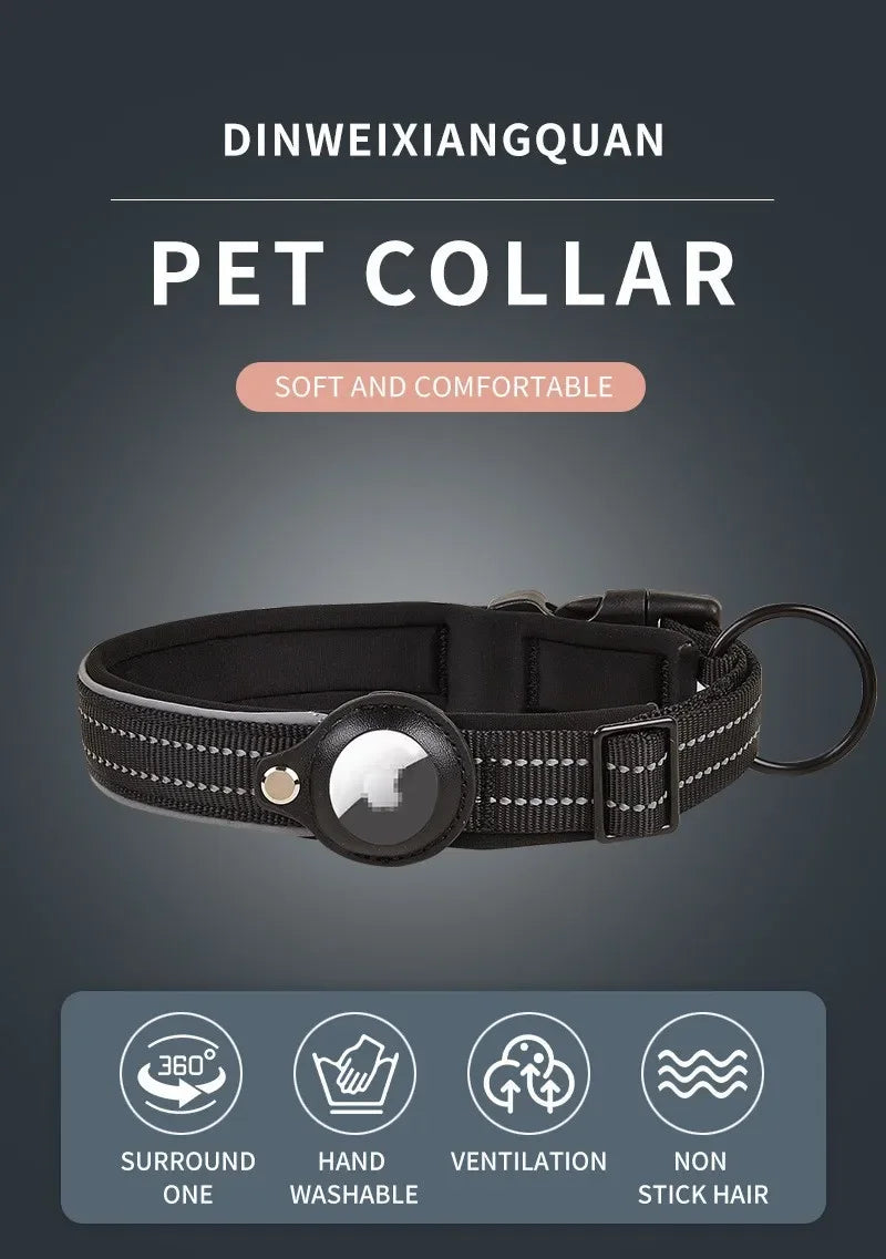 Black pet collar with a reflective tag, designed to be soft and comfortable for pets.