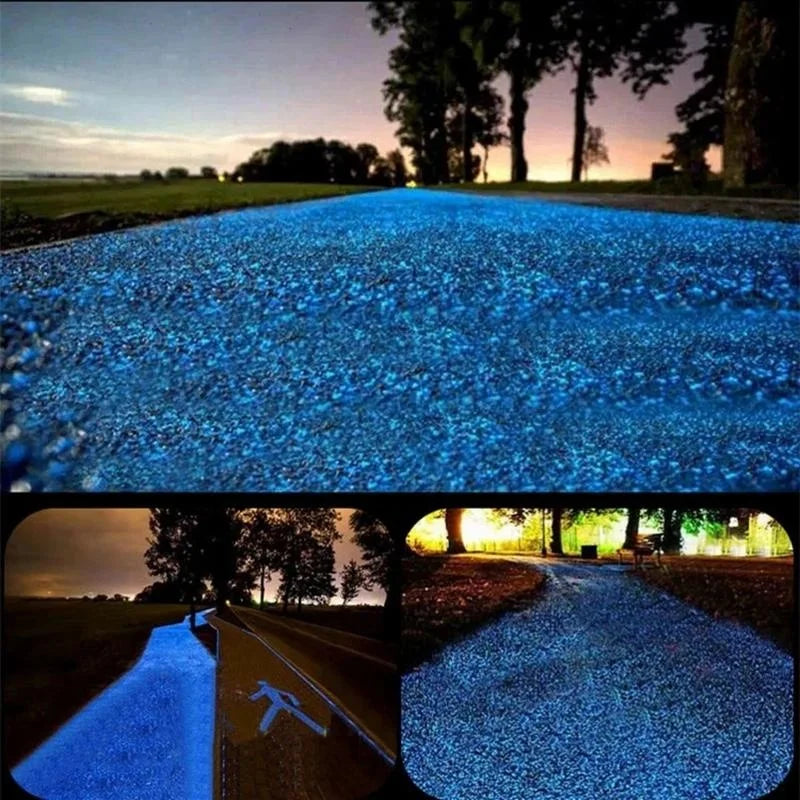 Close-up of a dark pathway covered in bright blue glow-in-the-dark decorative pebbles at twilight.