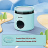 A light blue cooling hideout container with a black lid and a circular opening is shown on a wooden surface.