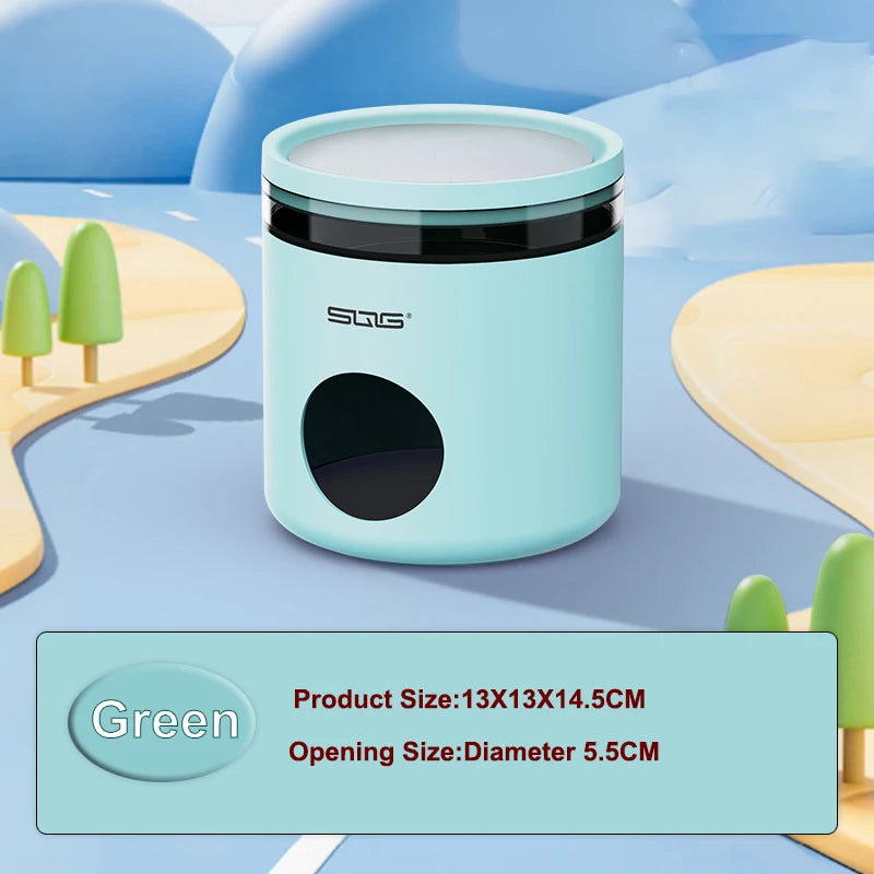 A light blue cooling hideout container with a black lid and a circular opening is shown on a wooden surface.