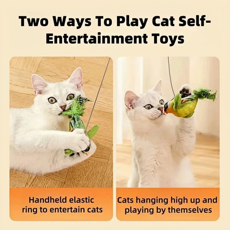 Two ways to play cat self-entertainment toys showing a cat interacting with an elastic ring and another cat playing by themse