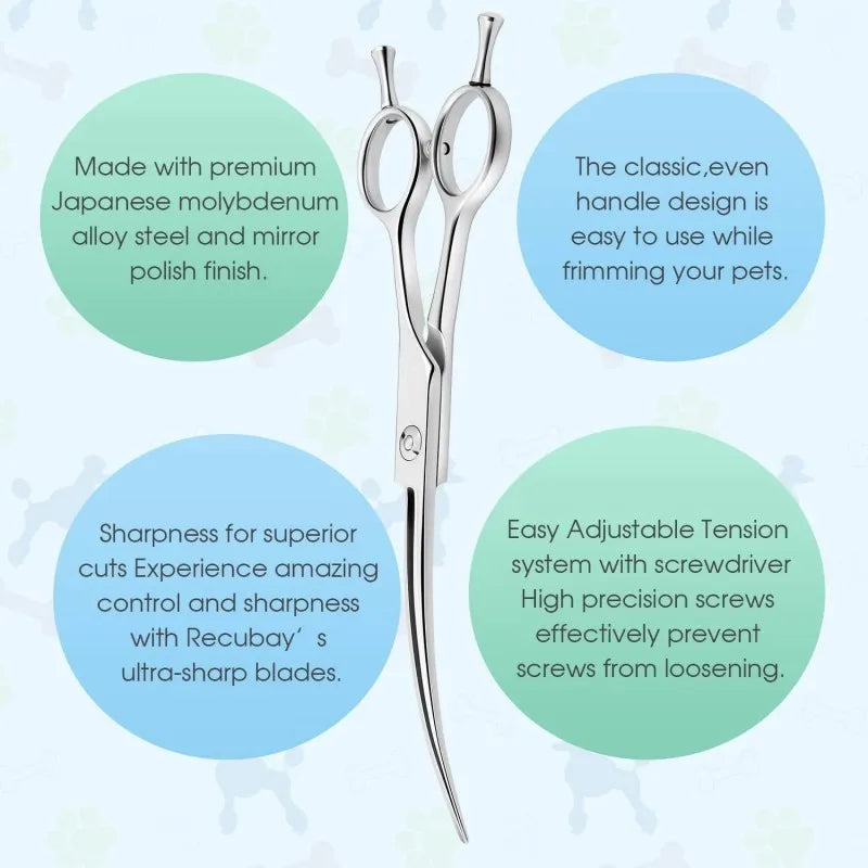 A pair of silver professional curved pet grooming scissors with a mirror polish finish.