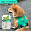 A Shiba Inu dog wearing a bright green zipper pocket design vest with a pull rope strap.